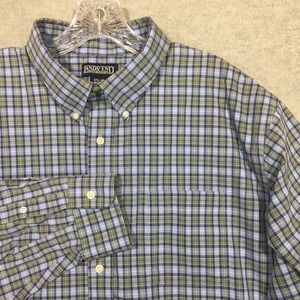 Lands End 17.5 34 Long Sleeve Plaid Button-Up Shirt Lightweight Blue Green‎